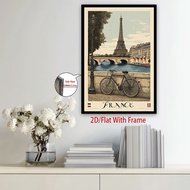 ภาพวาดผ้าใบ 2D แฟลต 1 ชิ้น กรอบ Paris Eiffel Tower & French Bicycle Sne - Vintage Poster Art Print w