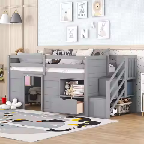 Bellemave Twin Size Low loft Bed for Kids,Wood Loft Beds,Modern Farmhouse Twin loft Bed,Loft Bed wit