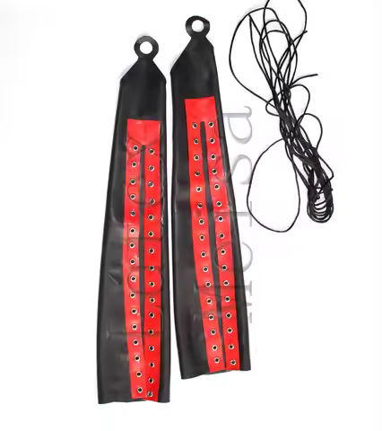 Adult's black latex gloves lacing to arm with red trims decorations what is made of 0.4mm natural & 