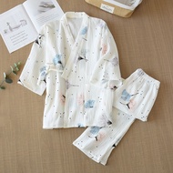 100% Cotton Pajamas Womens Pajamas Spring and Summer Pure Cotton Yarn Kimono Pajamas V-Neck Printing