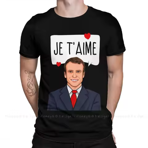 Men Humor TShirt Emmanuel Macron Je T'aime Pure Cotton Tees Harajuku Short Sumer Sleeve Adult Shirt 