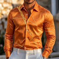 Men's long sleeved shirt with marble gold print men's long sleeved shirt European and American busin