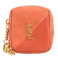 YSL 669964 金屬LOGO方形絨布拼接鑰匙圈零錢包.橘