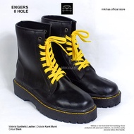 Mikihas - Men's Black Leather Boots with Yellow Laces - Erings 8 Holes