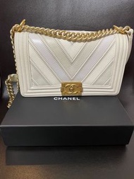 Chanel Boy 25cm 白色拼皮金扣