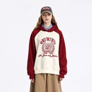 絨面拼色加厚衛衣 美式復古學院風連帽上衣