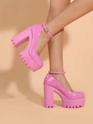 女士粉色粗跟踝帶高跟單鞋,時尚圓頭高跟鞋