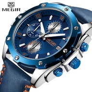 MEGIR 2074 Men Luxury Blue Watch Leather Sports Watches Mens Business Waterproof Quartz Clock Men's Army Military Wrist Watches