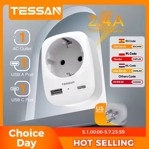 TESSAN Travel Adapter EU To USA Adapter America Europe Plug with USB C 3A Socket Adapter Travel Powe