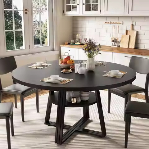 47 Round Dining Table, 4-6 Seater, Pedestal Base with Storage, Space-Saving Design, Suitable for Kit