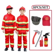 8pcs/set Fireman Costumes for Kids Firetruck Career Uniform Work Cosplay RolePlay Suit Clothing