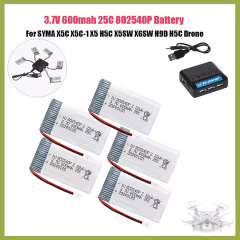 5Pcs 3.7V 600mAh Li-po Battery For SYMA X5C X5C-1 X5SW X6SW H9D H5C Quadcopter Spare Parts 802540 Re