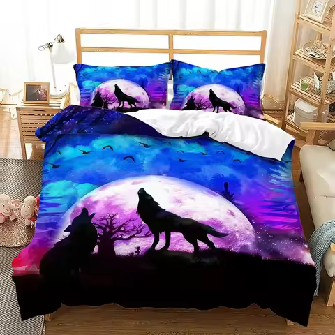 Wolf Moon Snowfield Mountain Hill Tree Duvet Cover Bedding Set Comforter Linen Pillowcases Gift Sing