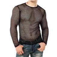 Round neck, hollowed-out, long-sleeved mesh T Breathable mesh large-hole fashion trendy men's summer