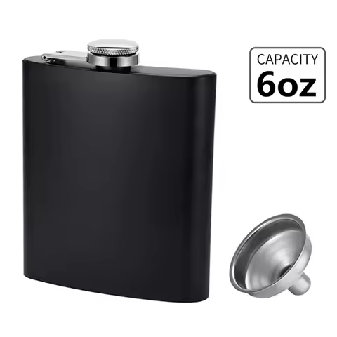 6oz Matte Black Hip Flask With Funnel Pocket Hip Flask Stainless Steel Leak-Proof Alcohol Whiskey Wi