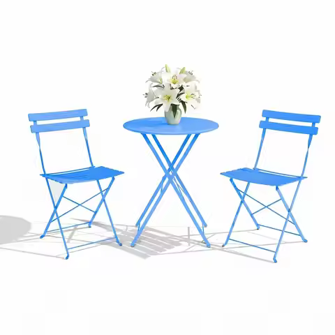 3-Piece Folding Patio Furniture Set For 2 People, 1 Iron Coffee Table And 2 Iron Chairs For Bistro B