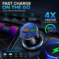 Fast 5-Port Car Charger with USB-C PD & QC 3.0 & Digital Volt Display for iPhone & Samsung Pengecas 