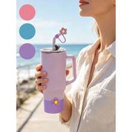 Cute Floral Decor Silicone Cup Sleeve And Straw Lid, Fits 30oz And 40oz Cups With Handle, Anti-Spill