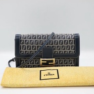 Fendi 芬迪  復古 經典花紋 FF Logo 深藍色 灰色帆布 單肩包 法棍包