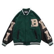 ZZOOI Vintage Bone Varsity Jacket Men Leather Sleeve Plush Letterman Womens Bomber  Hip Hop Coat Ove