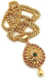 1 Gram Micro Gold Plated Traditional Handmade Ruby Emerald Dollar with 24 Inches Long Chain for Wome
