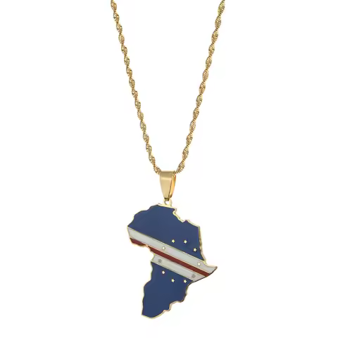 Africa Map & Cabo Verde Flag Pendant Necklaces Gold Color Jewelry