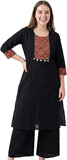 Womens 2-Pcs 100% Cotton Kurta & Palazzo Pants Co-Ord Set - Ajrak Printed Neck Mirror Work - Ethnic 