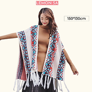 Khăn Áo choàng boho thổ cẩm cho nữ Khăn len quàng cổ mùa thu đông kiểu khoác ngoài poncho có cúc 2 b