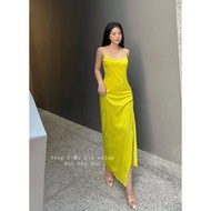 D79 Avocado green slit silk dress f21
