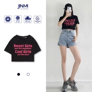 Jinmi Crochet T-shirt with outstanding COOL GIRLS pink letter print, Thick Cotton Material JM14