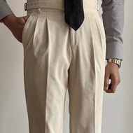 Mens Gurkha Trousers Corduroy Side Button Casual Suit Trousers  Business Adjustable Waist Straight P