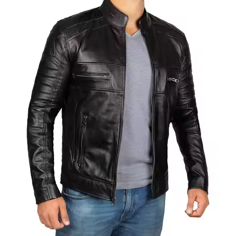 Leather Jacket Men Quilted Cafe Racer Leather Jackets For Men Standing Collar Punk Men's Motorcycle 
