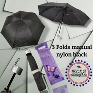 (ellashop) 3 folds manual nylon plain black with purple pouch with 7 ribs umbrella