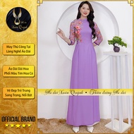 Áo Dài Truyền Thống Phối Hoa Tay Tím Hoa Cà Cổ 2 Phân Lụa Habutai K91 - Áo Dài Xuân Quỳnh