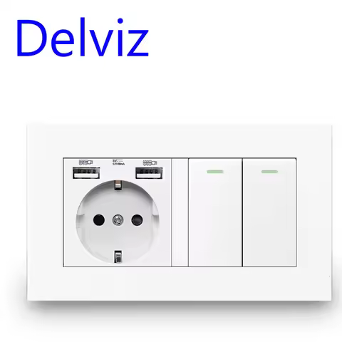 Delviz EU Standard Switch Outlet, 16A Light Switch,2 Gang 1 Way / 2 Way, White Double frame Panel,Wa
