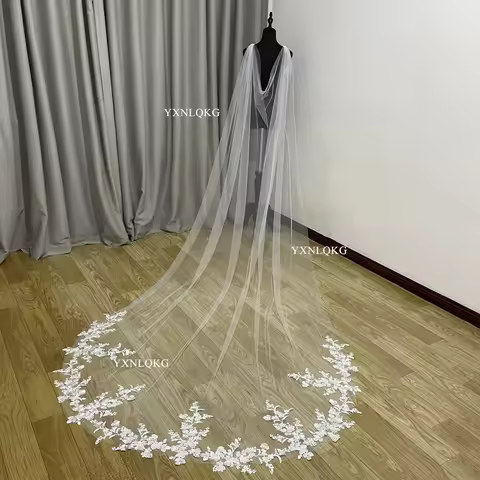 White Ivory Cathedral Length Cape Veil Bridal Cape Cloak Lace Edge shoulder veil lace Cape Veil 3m 4
