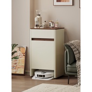 Solid wood shelf above the sofa, cabinet for base station, side table for floor cleaning robot, can 