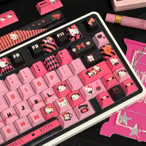 MOA / CHERRY Height Kawaii Keyscaps for Mechanical Keyboard Pink Black Hello Kitty Theme Keycaps PBT