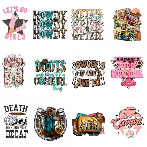 12pcs Iron-On Heat Transfer Stickers-Western Cowboy Style Pattern Design,For DIY Clothing,T-Shirt,Ma