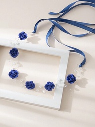 歐美最新款新娘髮飾藍色玫瑰珍珠水晶髮箍常春藤婚禮新娘髮飾
