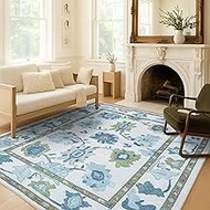 Fame Living Green Oushak Rug, Modern, Vintage, Turkish, Eclectic, Floral, Pastel, Washable, Large Ar
