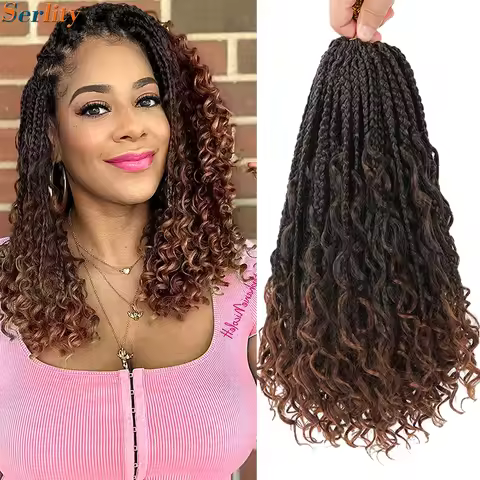 14 Inch Short Goddess Box Braids Crochet Hair Ombre Brown Gray Boho Crochet Box Braids Curly Ends 1B