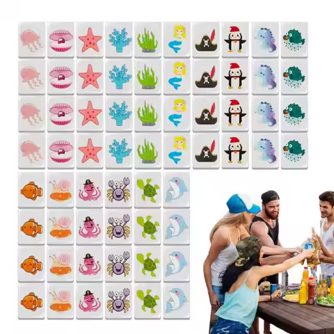 Mahjong Game Set 65PCS Flag Pattern Tile Games Mahjong Tiles Set for Family Party Seaside Escape Blo