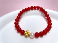 四葉草 天然淡水珍珠 南紅瑪瑙 18K金 手鏈