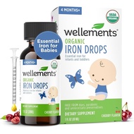Wellements Organic Iron Drops for Newborn+ Babies (1 Fl Oz) - Cherry Flavor Liquid Iron Supplement f