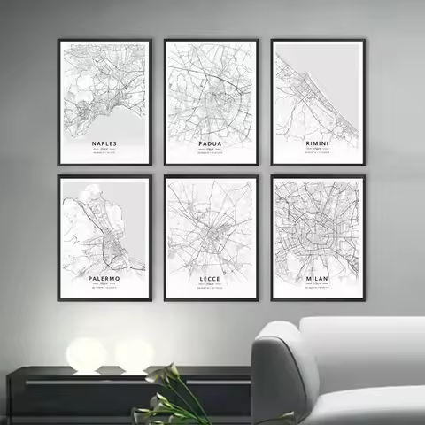 Lecce Italy Milan Naples Padua Palermo Rimini Map Illustration Canvas Painting Mural Room Home Decor