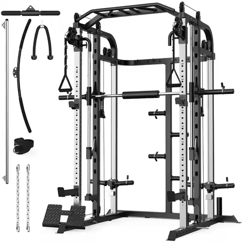 Smith Machine, Multifunctional Power Cage Rack with Smith Bar and Cable Pulley System, and LAT Pull 