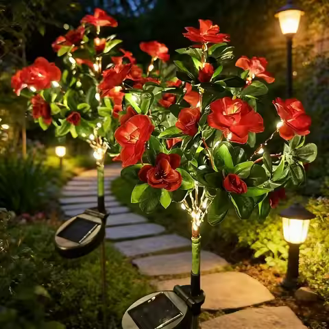 1PC Solar Azalea Flower LED Stake Light Waterproof Fabric Petal Garden Lights for Outdoor Lawn Path 