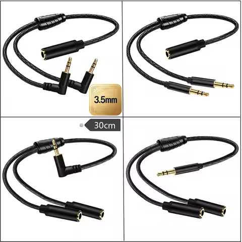 3.5mm 1 to 2 Audio Splitter Adapter Cable 30cm L Type Gold Plated Braided for Headphone Speaker Soun