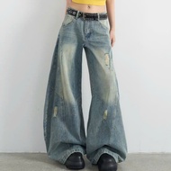 Loose-fitting low-rise wide-leg wash blue jeans, loose-fitting low-rise vintage jeans